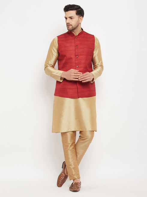 Vastramay Men's Maroon Matka Silk Nehru Jacket With Rose Gold Silk Blend Kurta and Pant style Pyjama Set